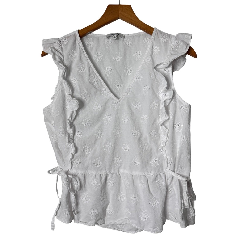 Madewell Side Tie Ruffle Peplum Top White Eyelet Blouse Womens Size Small - Picture 11 of 11